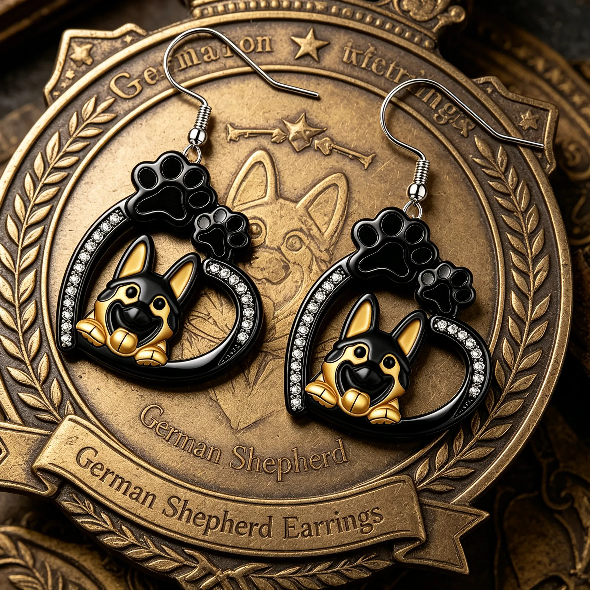 Authentic German Shepherd Heart Paw Print Dangle Earrings Black Gold Tone Pet Dog Lover Dog Mom Casual Daily Jewelry Gift