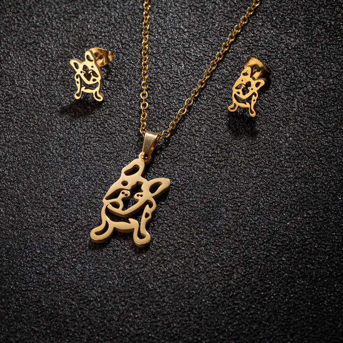 Authentic Lovely Gold Color French Bulldog Stainless Steel Jewelry Sets for Women Fashion Chihuahua Dog Necklace Animal Earrings Collares