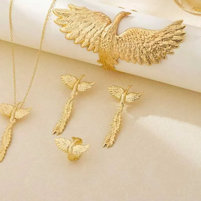 Authentic 1 4Pcs Exaggerated Gold Phoenix Wings Pendant Necklace Earrings Bracelet Personality Jewelry Sets