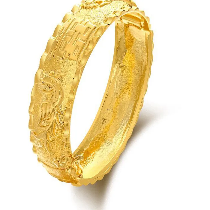Authentic MxGxFam Luxurious 15mm Wide Dragon and Phoenix Bangles Bracelets for Bridal Wedding Jewelry Pure Gold Color Traditioal Style