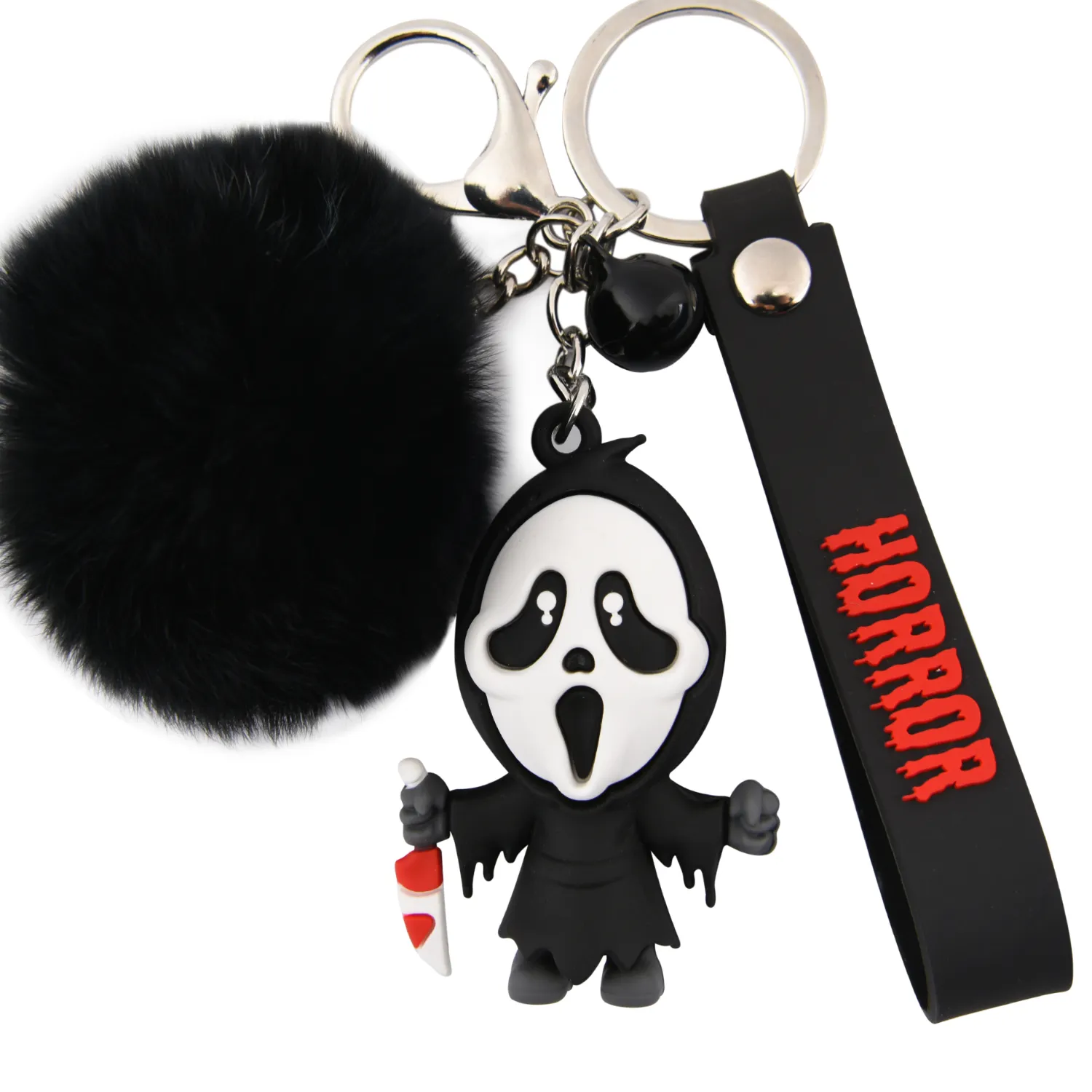Authentic 1pcs Creepy-Cute Horror Ghost Keychains With Black Fur Ball & Gothic Charm - Spooky Kawaii Keyring For Halloween Accessories
