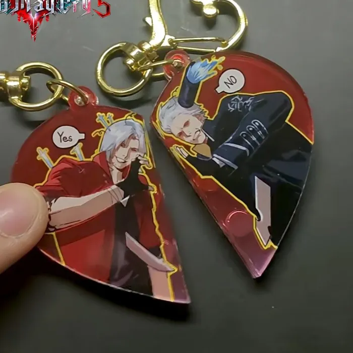 Authentic Game Devil May Cry Vergil Dante Cosplay Keychain Acrylic Heart Magnetic Pendant Keyring 1 Pair Key Chain Bag Accessories