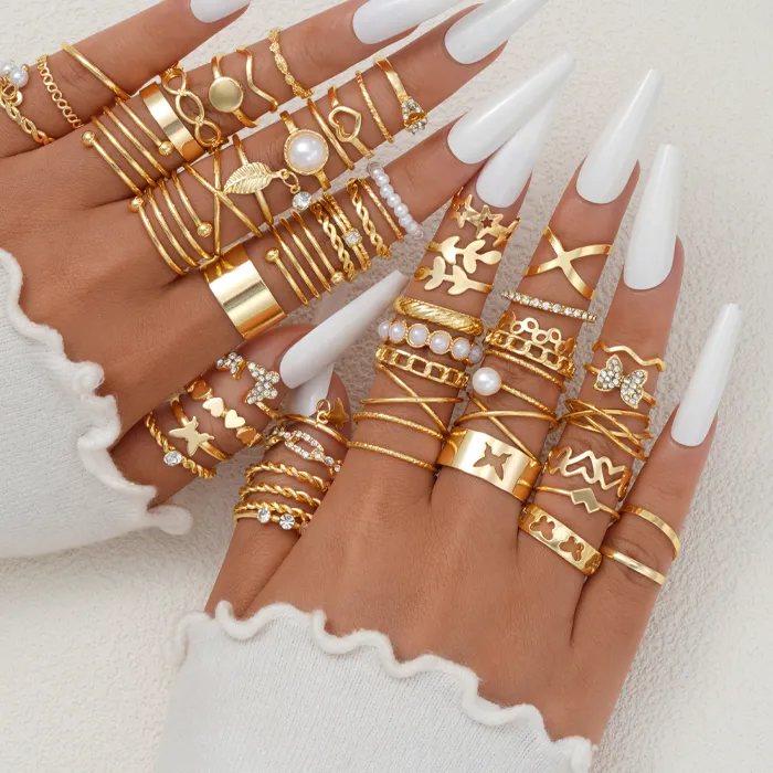 Authentic 58PCS Vintage Heart Snake Butterfly Rings Set for Women Metal Gold Plated Geometric Hollow Finger Ring Jewelry Gifts