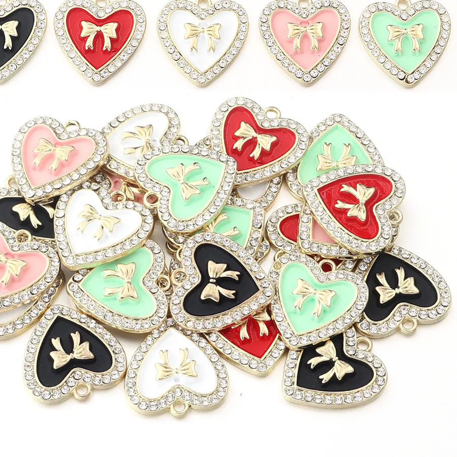 Authentic 5pcs 21mm Alloy Heart Charms Cute Bow Dripping Oil Enamel Pendants For Jewelry Making DIY Necklace Bracelet Earrings Accessories