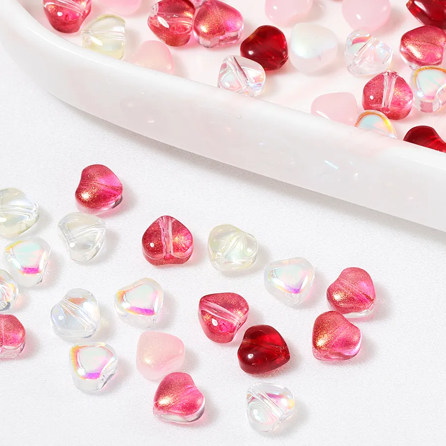 Authentic 20pcs Colorful Glass Love Heart Beads Aurora AB Color Spacer Beads for DIY Necklace Bracelet Pendant Jewelry Making Accessories