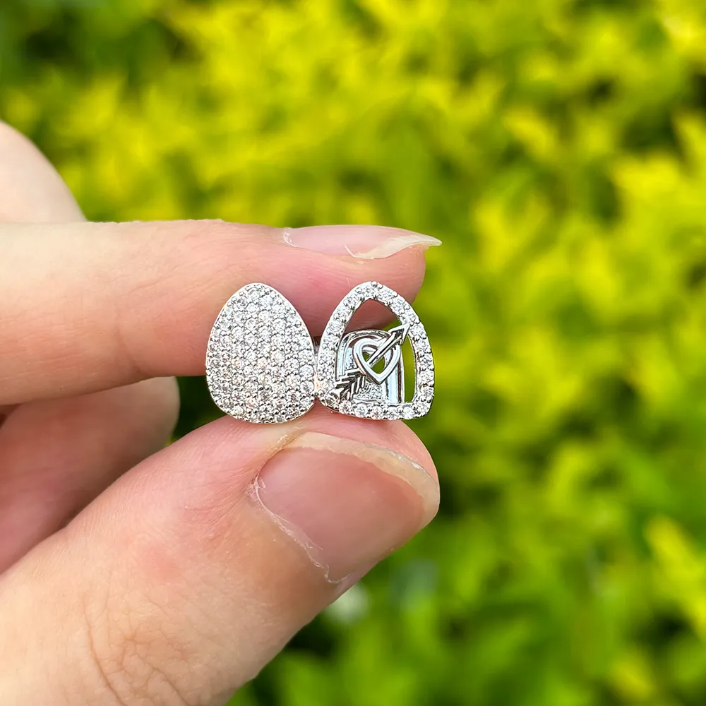 Authentic RACHELZ Hip Hop Double Love Heart Hollow Zircon Teeth Grillz 14K Gold Plated CZ Stone Tooth Caps For Women Men Couple Jewelry