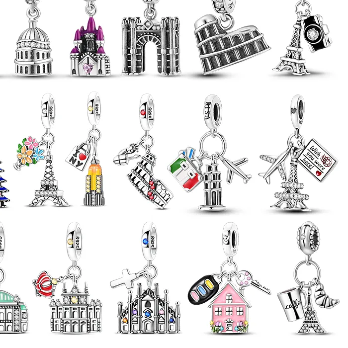 Authentic 925 Sterling Silver Charms Beads Eiffel Tower Church Castle Dangle Fit Original Bracelet Women Jewelry DIY