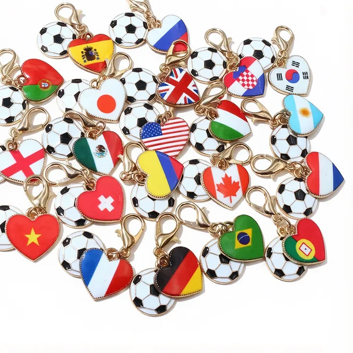 Authentic 10pcs Enamel Football National Flags of Countries Heart Charms Pendant with Lobster Clasp DIY Jewelry Making Accessories
