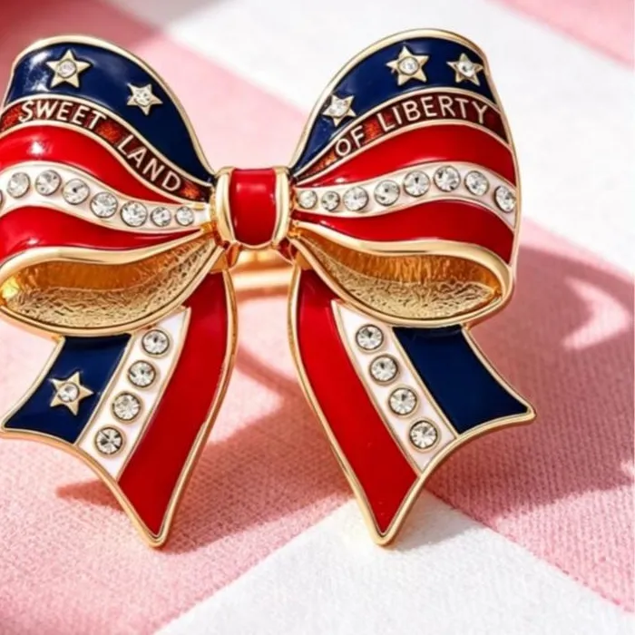 Authentic American Flag Bow Brooches Patriotic Enamel Pins USA Flag Colors Red White Blue Rhinestone Lapel Badges Jewelry Gifts Women
