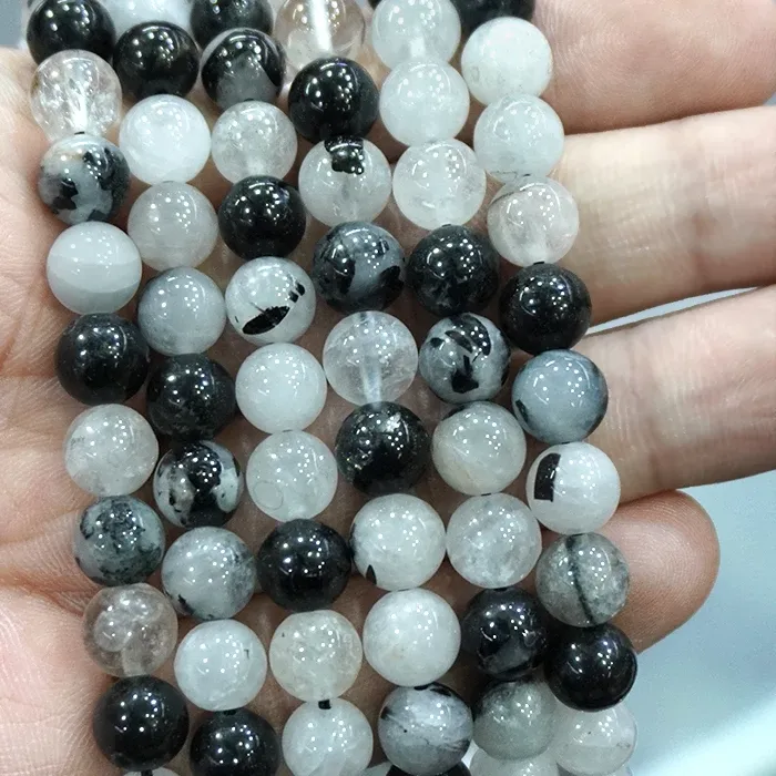 Authentic Natural Crysta Smooth Black Rutilated Quartz Crystals Round Beads Diy Bracelet Necklace 15" For Jewelry Making 4 6 8 10 12MM