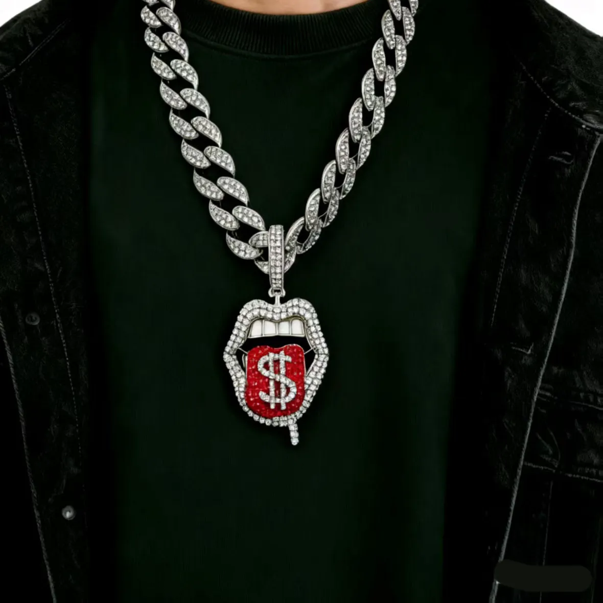 Authentic DIY accessories Hip hop personality three-dimensional rap rap full diamond tongue pendant necklace cross-border European a