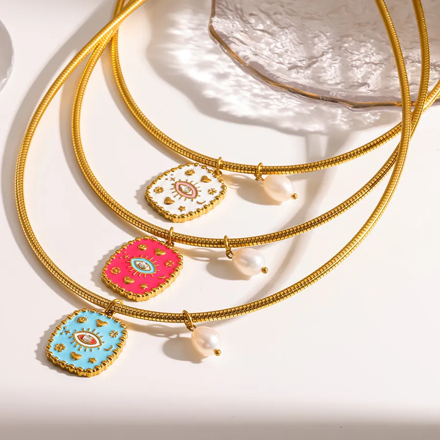 Authentic Colorful Enamel Evil Eye Square Pearl Pendant Necklace for Women Stainless Steel Gold Color Chain Choker Necklace Jewelry Gifts