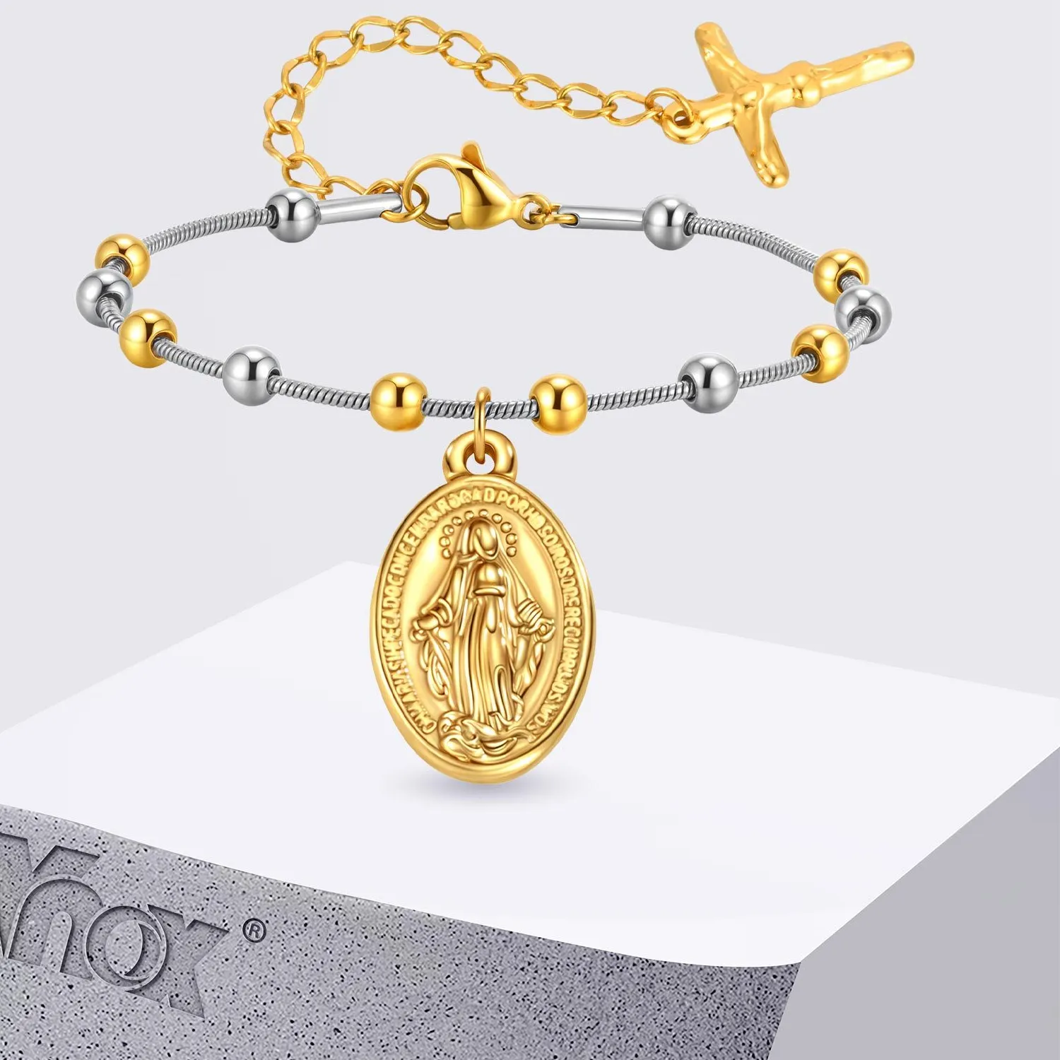 Authentic Vnox Adjustable Virgin Mary Bracelet for Women, Gold Plated Snake Chain Pendant, Beaded Cross Religious Jewelry
