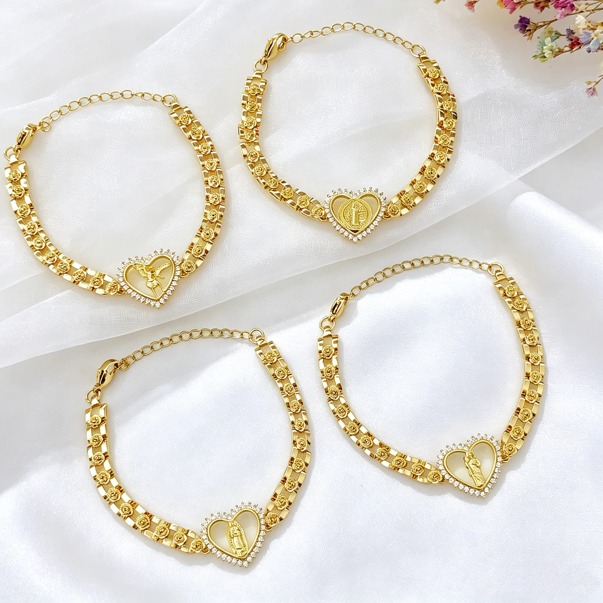 Authentic Gold Plated Rose Flower Chain Heart CZ St. Jude Virgin Mary Angel Cross Charm Bracelet Catholic Religious Jewelry For Women Men