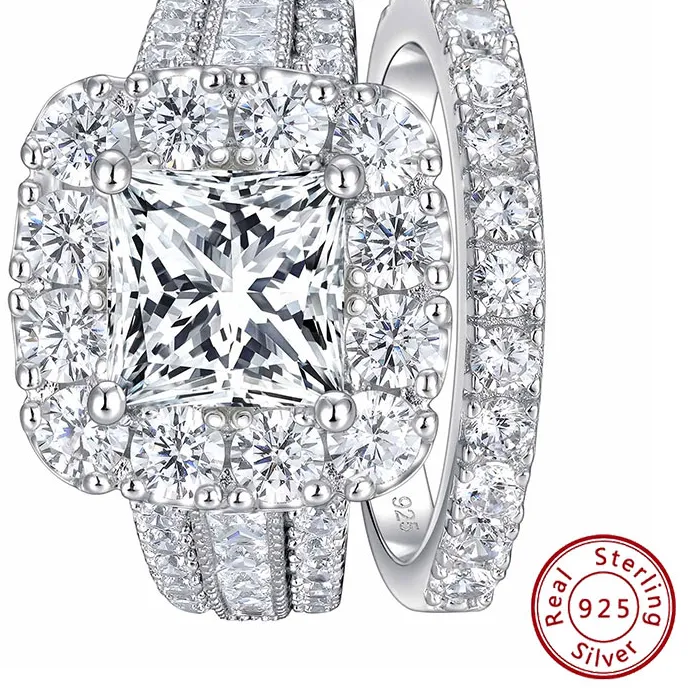 Authentic Newshe 2Pcs 925 Silver Rings Halo Princess Cut White Cubic Zircon Ring Jewelry