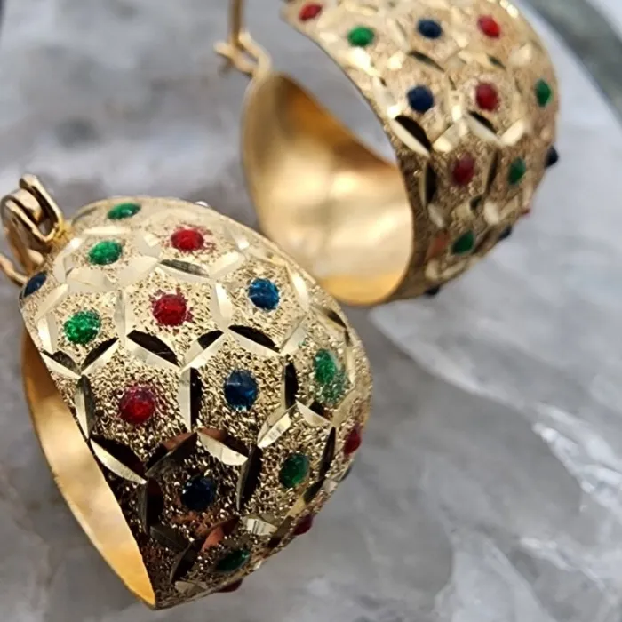 Authentic Vintage Court Style Synthetic Zircon Wide Hoop Earrings Women's Light Luxury Elegant Ear Buckle Jewelry Accessory