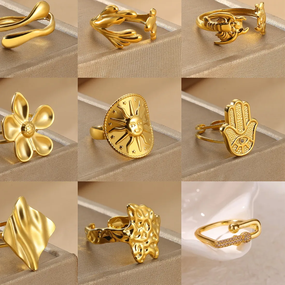 Authentic Gold Color Anillos For Women Sun Flower Stainless Steel Open Rings Dailywear Palm Geometric Irregular Jewelry Fashion Punk Gift