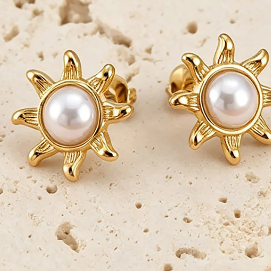 Authentic JeeMango Simulated Pearls Sun Flower Stud Earrings Gold Plated Trending Statement Jewelry for Women E26115