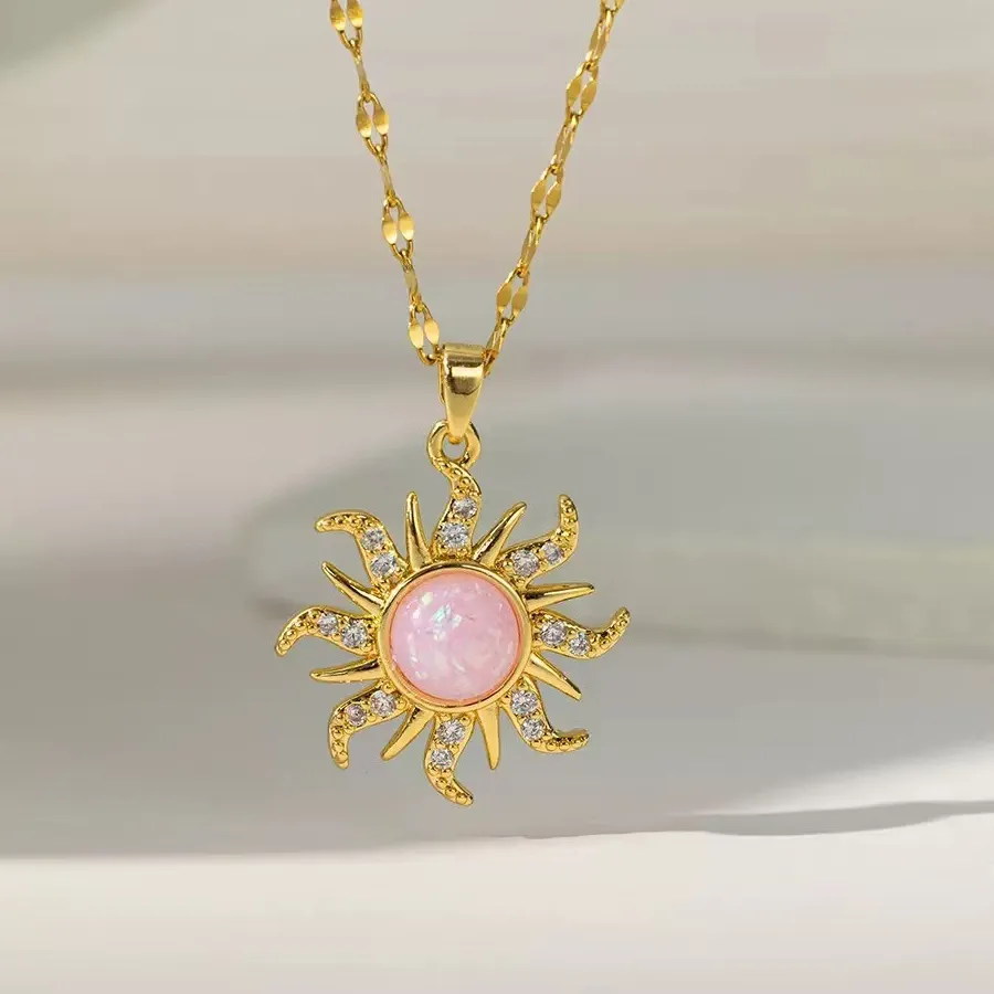 Authentic Pink Resin White Opal Sun Flower Pendant Necklaces For Women Vintage Gold Color Stainless Steel Chains Jewelry Mother's Day Gift