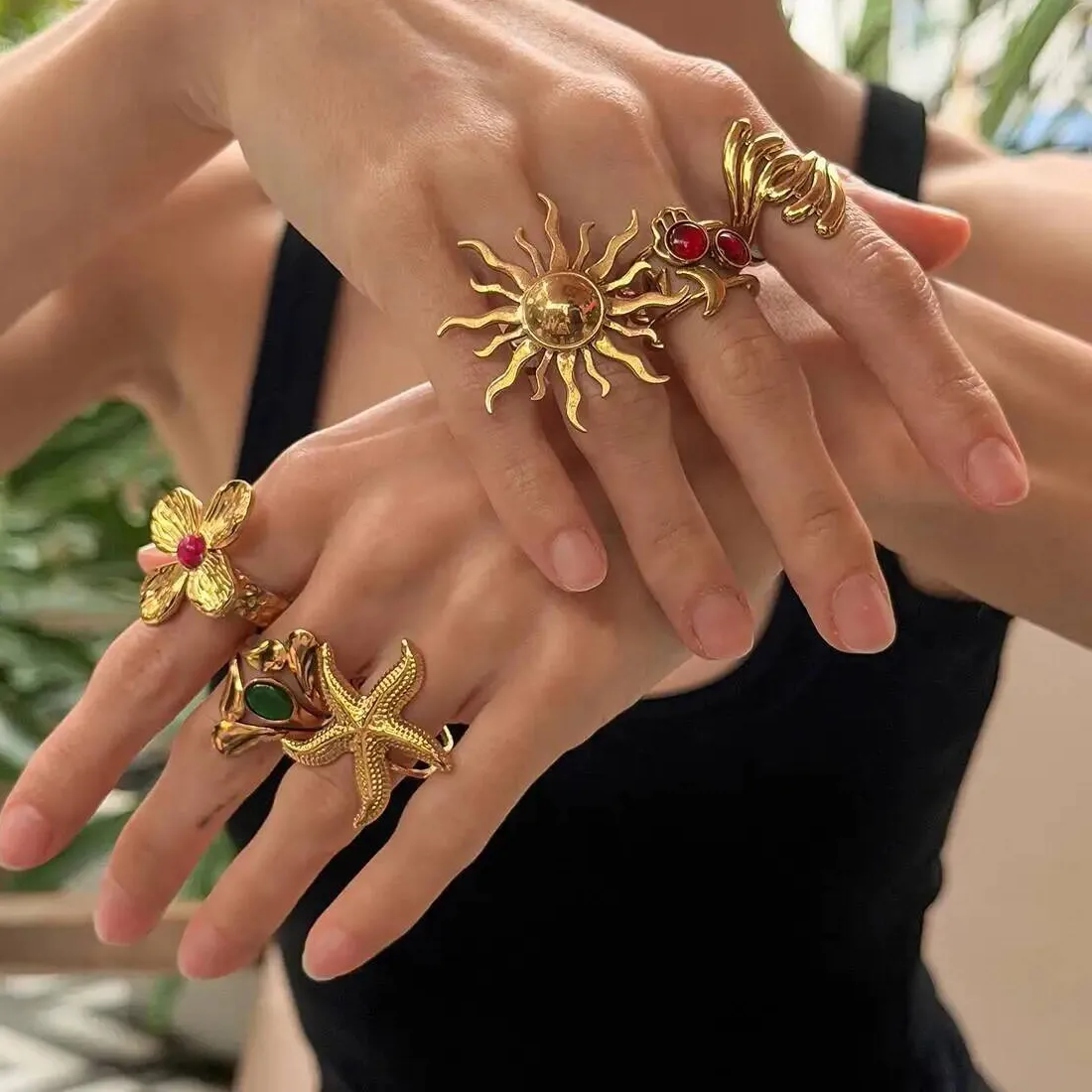 Authentic IngeSight.Z Exquisite Luxury Stainless Steel Sun Starfish Flower Open Rings Fashion Jewelry Waterproof 18K PVD Gold Plated Rings