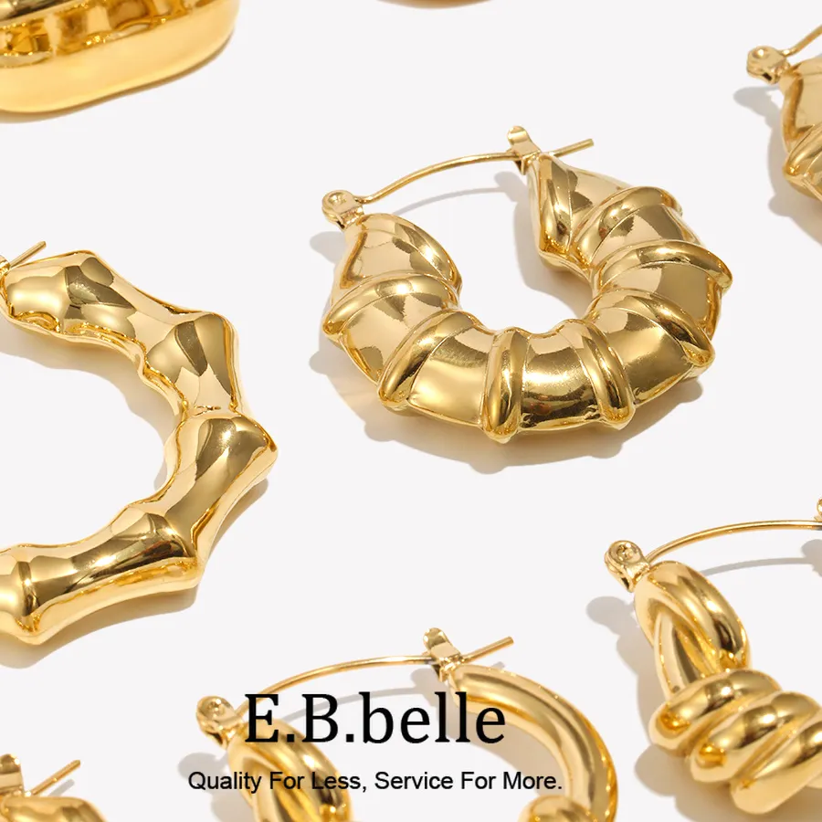 Authentic E.B.belle Bamboo Knotted Textured Gold Hoop Earrings 18K Gold Plated Irregular Earrings For Women Retro Jewelry
