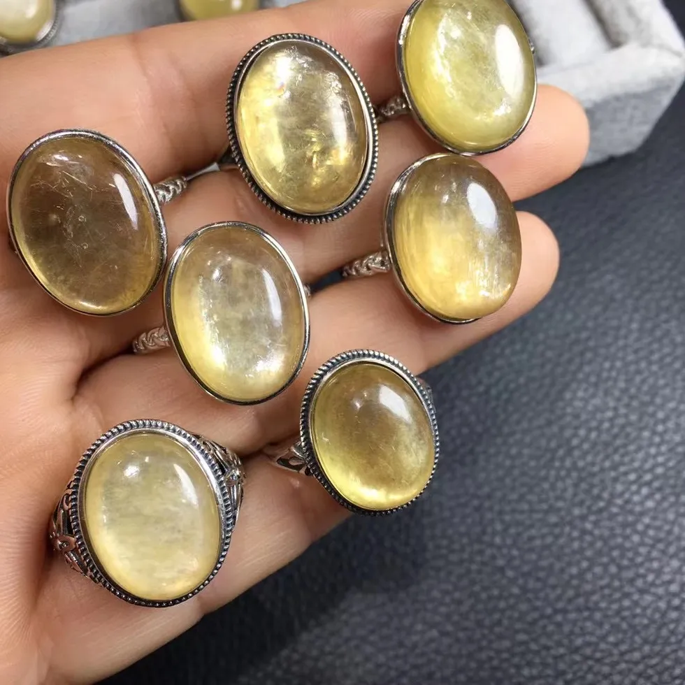 Authentic 1 Pc Fengbaowu Natural Gold Mica Phlogopite Lepidolite Ring Oval Cabochon 925 Sterling Silver Crystal Healing Stone Jewelry
