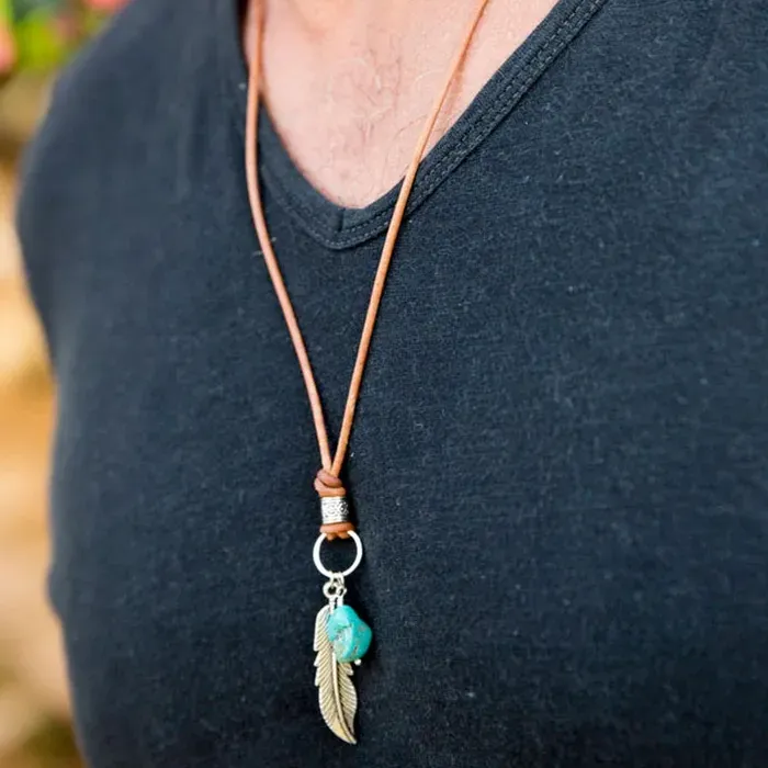 Authentic Men's Feather Maroon Leather Bohemian Necklace