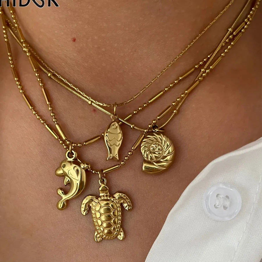 Authentic GHIDBK Simple Fashion Ocean Series 18K Gold Plated Conch Dolphin Turtle Fish Pendant Necklace for Women Seaside Party Jewelry