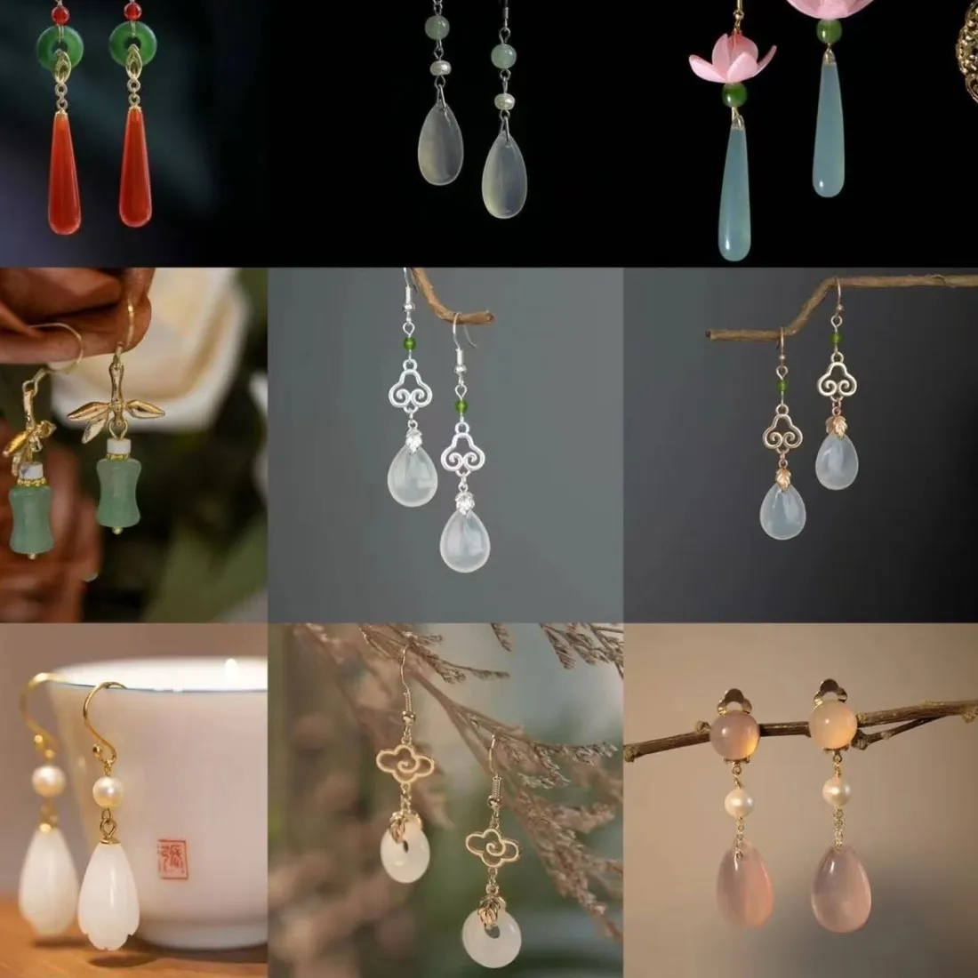 Authentic Ethnic Chinese Jade Earrings for Women Vintage Auspicious Cloud Pattern Water Drop Pendant Elegant Jewelry Hanfu Accessory Clip