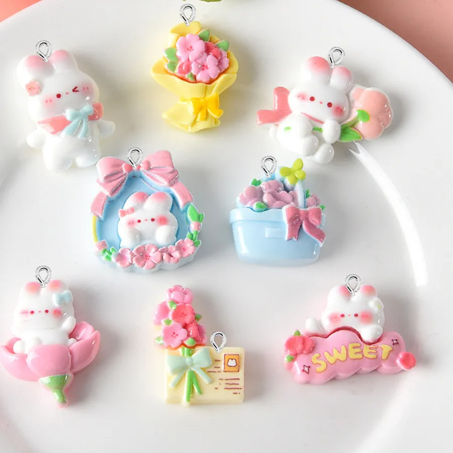 Authentic 10PCS Shiny Rabbit And Flower Series Flat Back Charms For Earrings Bracelet Hairpin DIY Jewelry Pendants Decoration Accessories