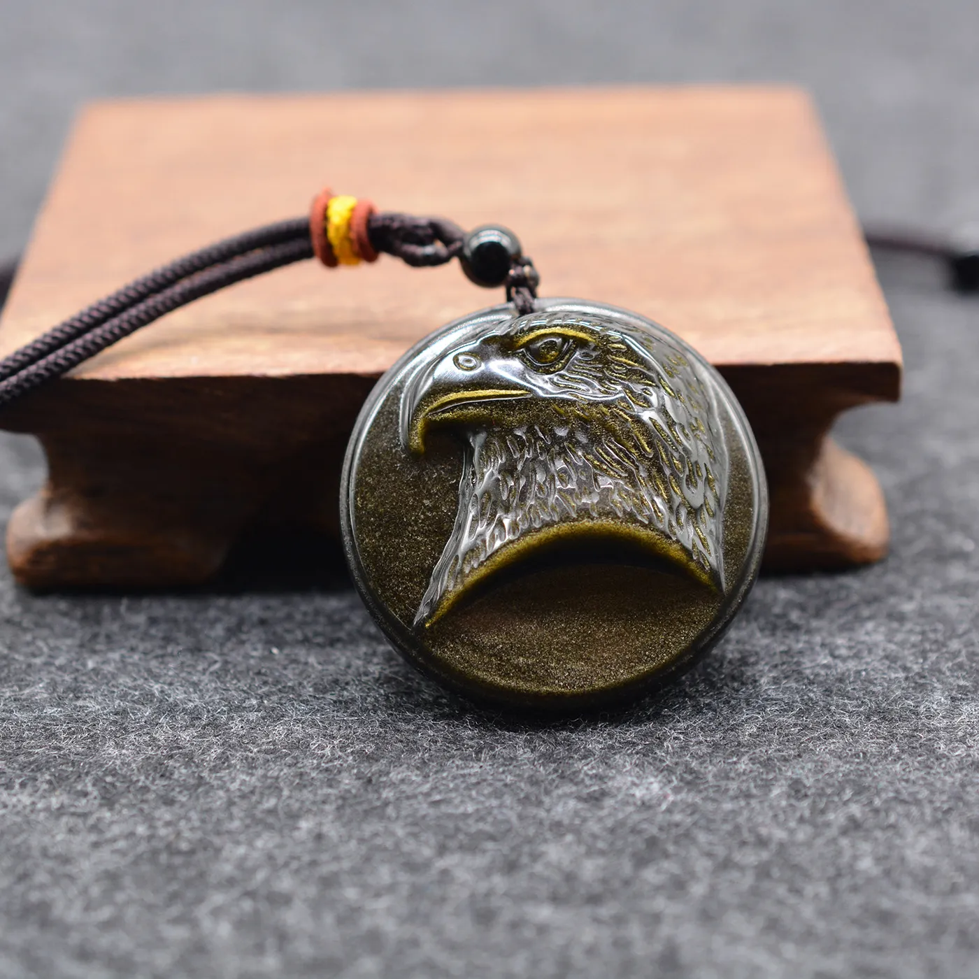 Authentic Golden Obsidian Stone Eagle Head Necklace Pendant Amluet Healing Protection Pendant Jewlery