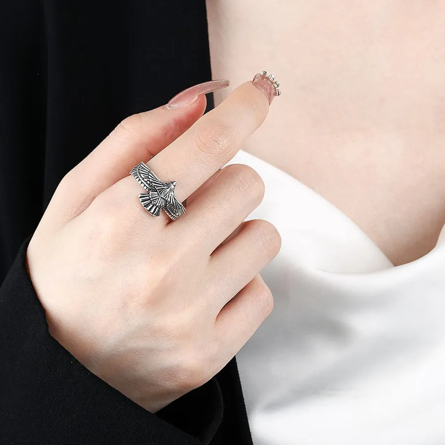 Authentic Buyee 925 Sterling Silver Male Ring Finger Elegant Gray Eagle Open Ring for Men Unique Punk Fine Jewelry Circle