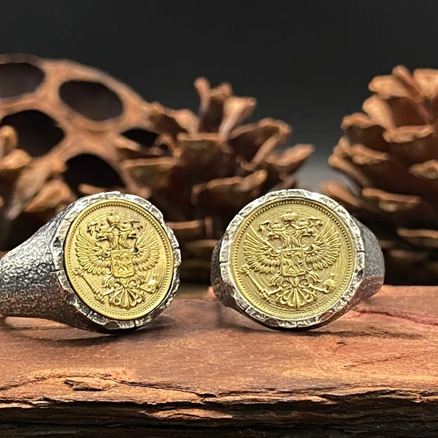 Authentic 925 Sterling Silver Christian Two Head Eagle Signet Men Ring Byzantine Eagle Gold Band Easter Jewelry