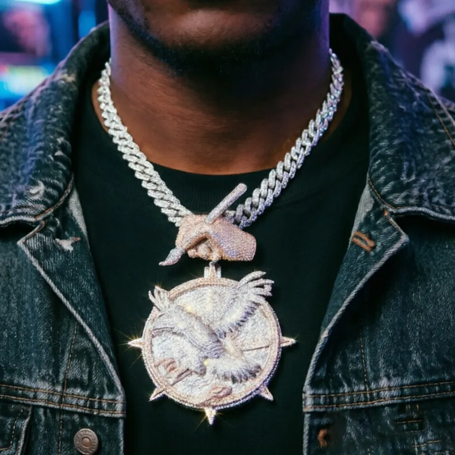 Authentic Iced Out Eagle Pendant Hip Hop Necklace Cuban Chain Accessories Bling Rapper Jewelry Fine Party Gifts for Men Girls Boy Friends
