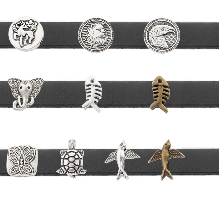 Authentic 10Pcs Antique Silver Color Animals Bird Fish Slider Beads Spacer For 10x2mm Flat Leather Cord DIY Bracelets Jewelry Accessories