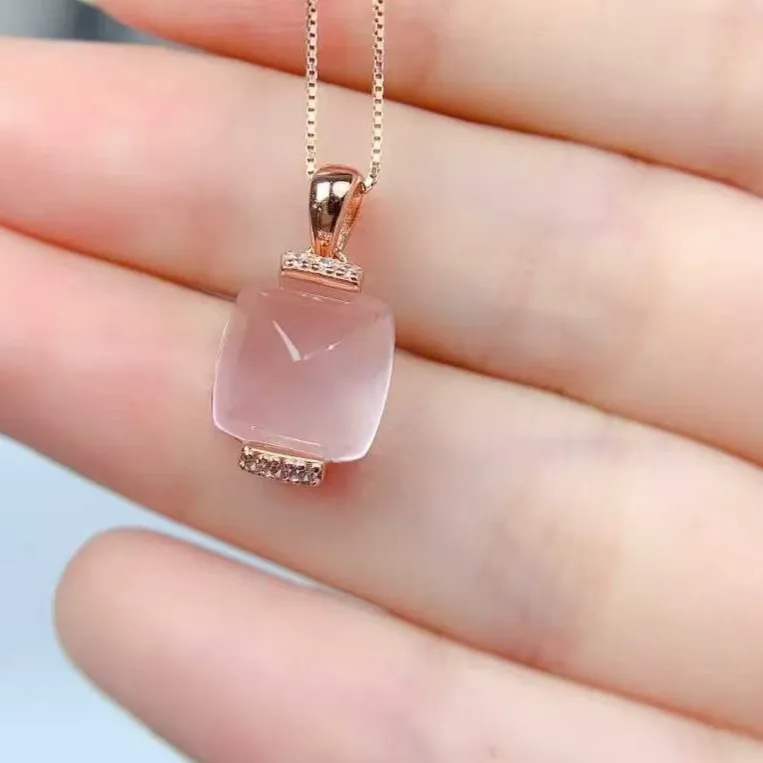 Authentic 925 Silver Gemstone Pendant Natural Crystal Pendant 10Mm 5Ct Rose Quartz Silver Jewelry