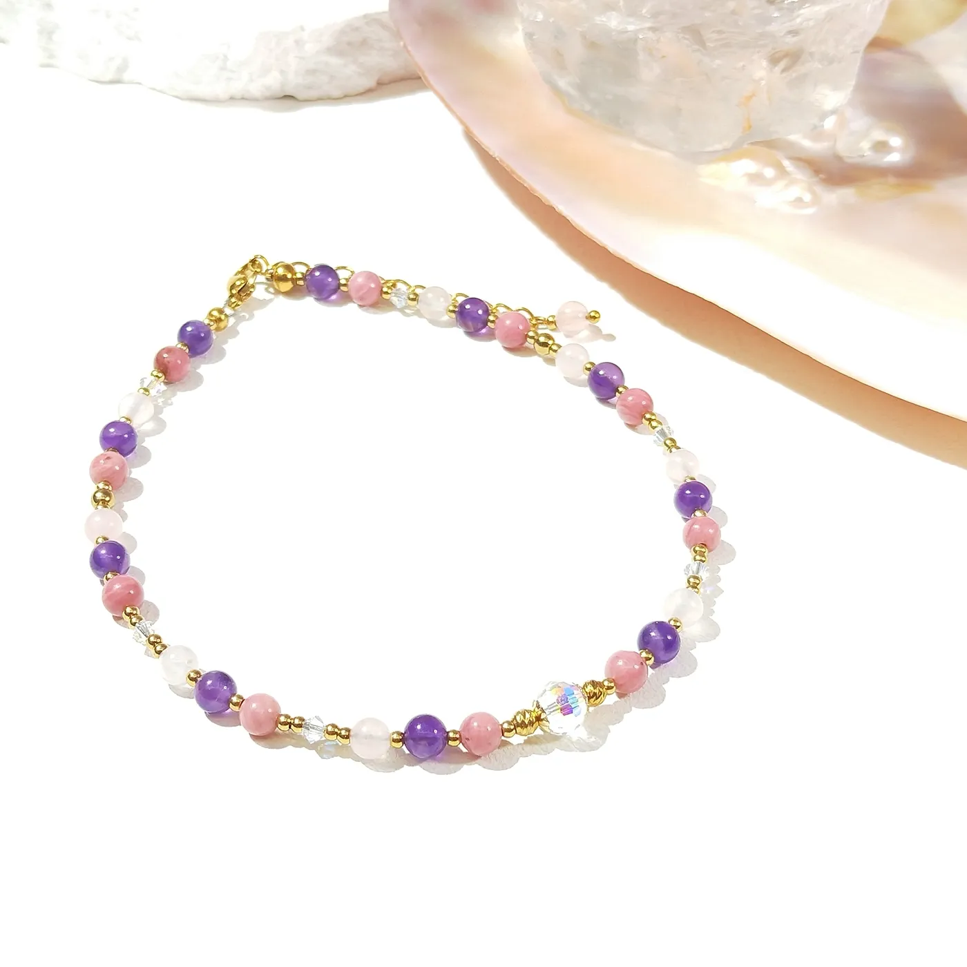 Authentic Lii Ji Amethyst Rose Quartz Rhodonite 4mm Beaded Anklet 24+4cm Handmade Bohe Jewelry For Female
