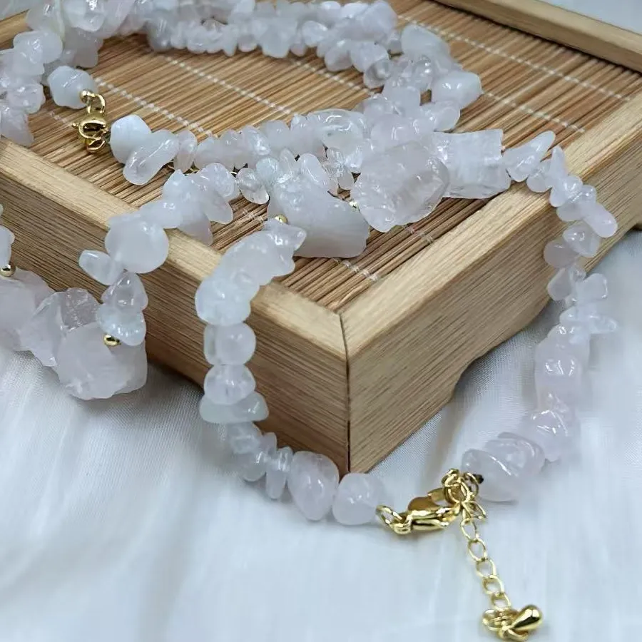 Authentic 6-8mm Elegant Irregular Genuine Natural Rose Quartz Pink Necklace Bracelet Girlfriend Jewelry Set 18" 7.5"