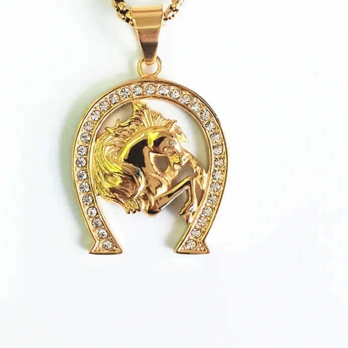 Authentic Hip hop Jockey Club Horse Head Pendants Necklaces For Women/Men Gold Color Horseshoe Iced Out Bling Jewelry