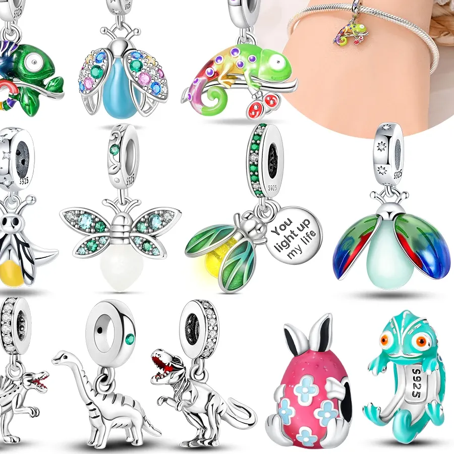 Authentic Lucky Charm Trio: Ladybug, Firefly, Dinosaur Dangle Amulet Set