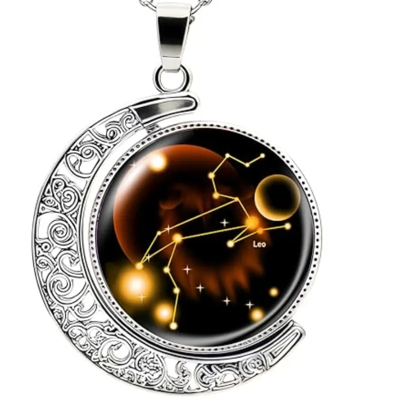 Authentic DEQIYIJI Zodiac Necklace Jewelry Birthday Gifts Astrology 12 Constellation Horoscope Sign Galaxy Crescent Half Moon Pendant Nec