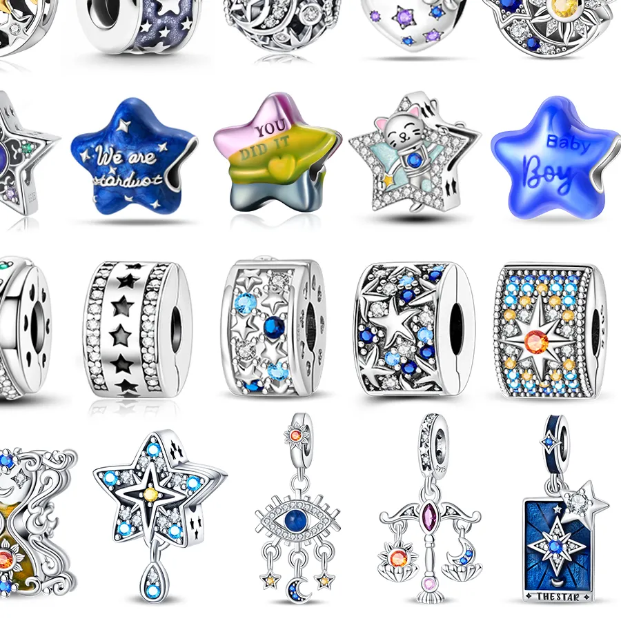Authentic Hot Sale 925 Sterling Silver Sparkling Crossover Star Beads Galaxy Blue & Star Murano Glass Charm Fits 3mm Bracelet & Necklace