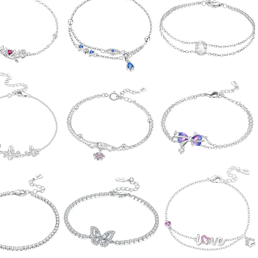Authentic Simple Heart Bracelet Rose Flower Blue Galaxy Purple Butterfly Bracelet Original 925 Silver Jewelry Accessory Anniversary Gift