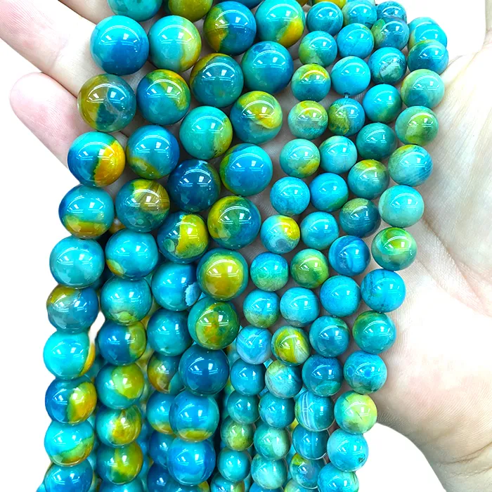 Authentic Natural Stone Round Planet Green Yellow Galaxy Starry Sky Agate Spacer Beads for Jewelry Making Diy Bracelets Charms Accessories