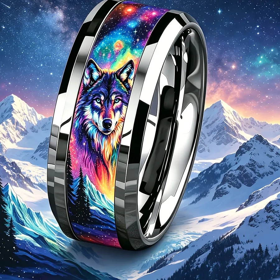 Authentic Vintage Wilderness Rainbow Wolf Galaxy Snow Mountain Ring Cool Men Ring Animal Wolf Totem Wedding Band Jewelry
