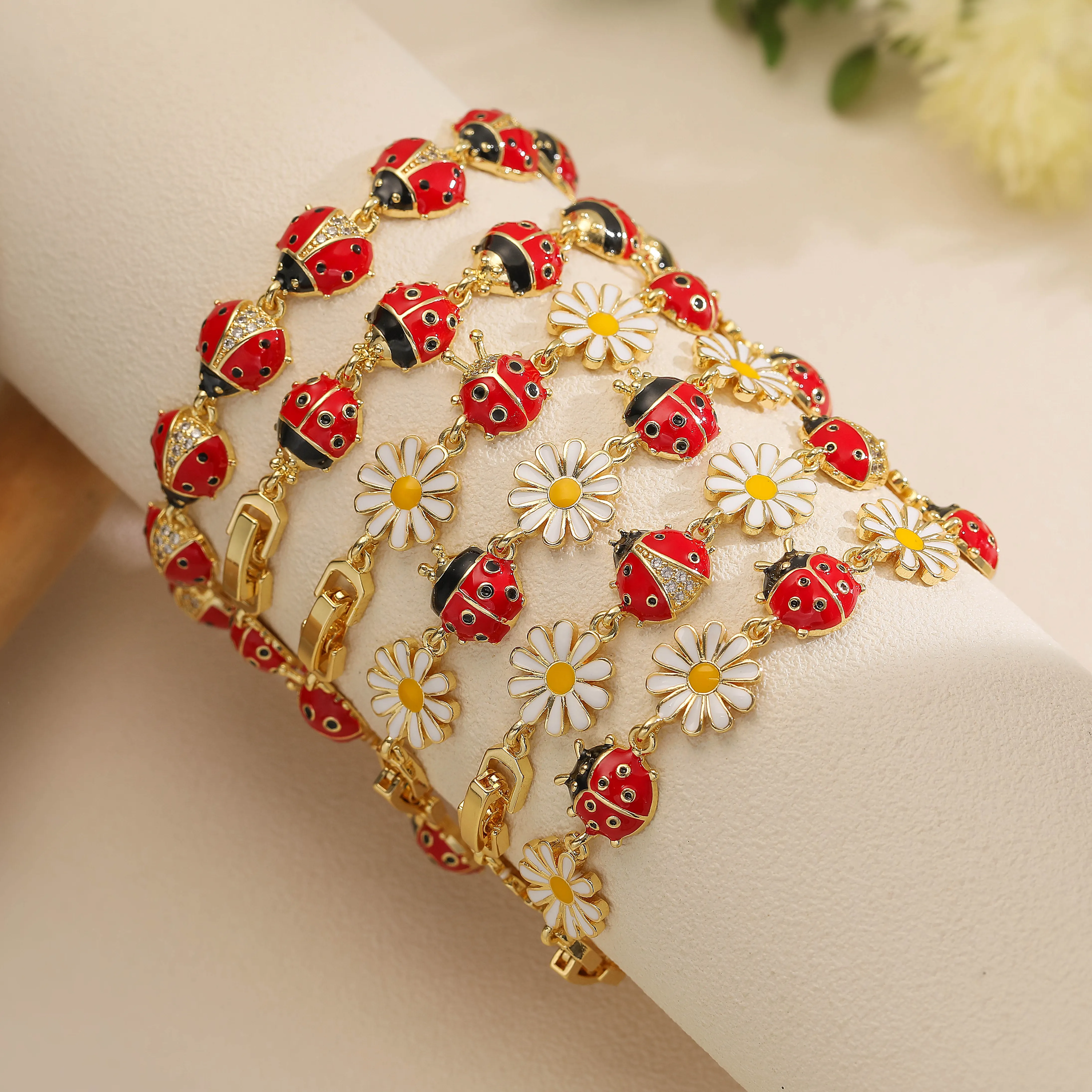 Authentic HECHENG, Enamel Autumn Chrysanthemum Red Beetle Splicing Bracelet Sweet and Romantic Women's Metal Jewelry 1 piece