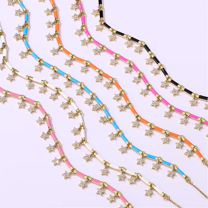Authentic 18K Gold Plated Brass Star CZ Necklace Enamel Drop Glaze Colorful Choker Adjustable Stackable Women's Jewelry Gift