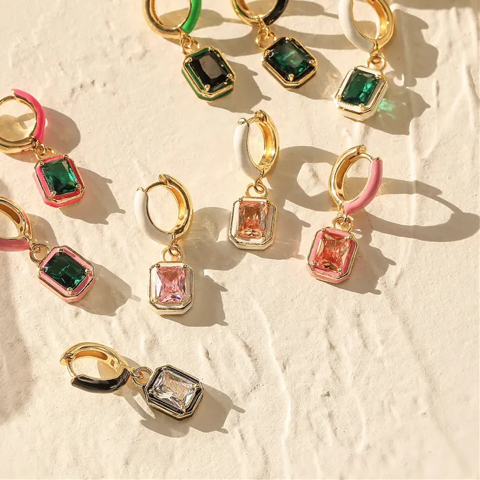 Authentic Hecheng, Rainbow Colorful Enamel Hoop Earrings Rectangle Zirconia Ear Buckles Jewelry