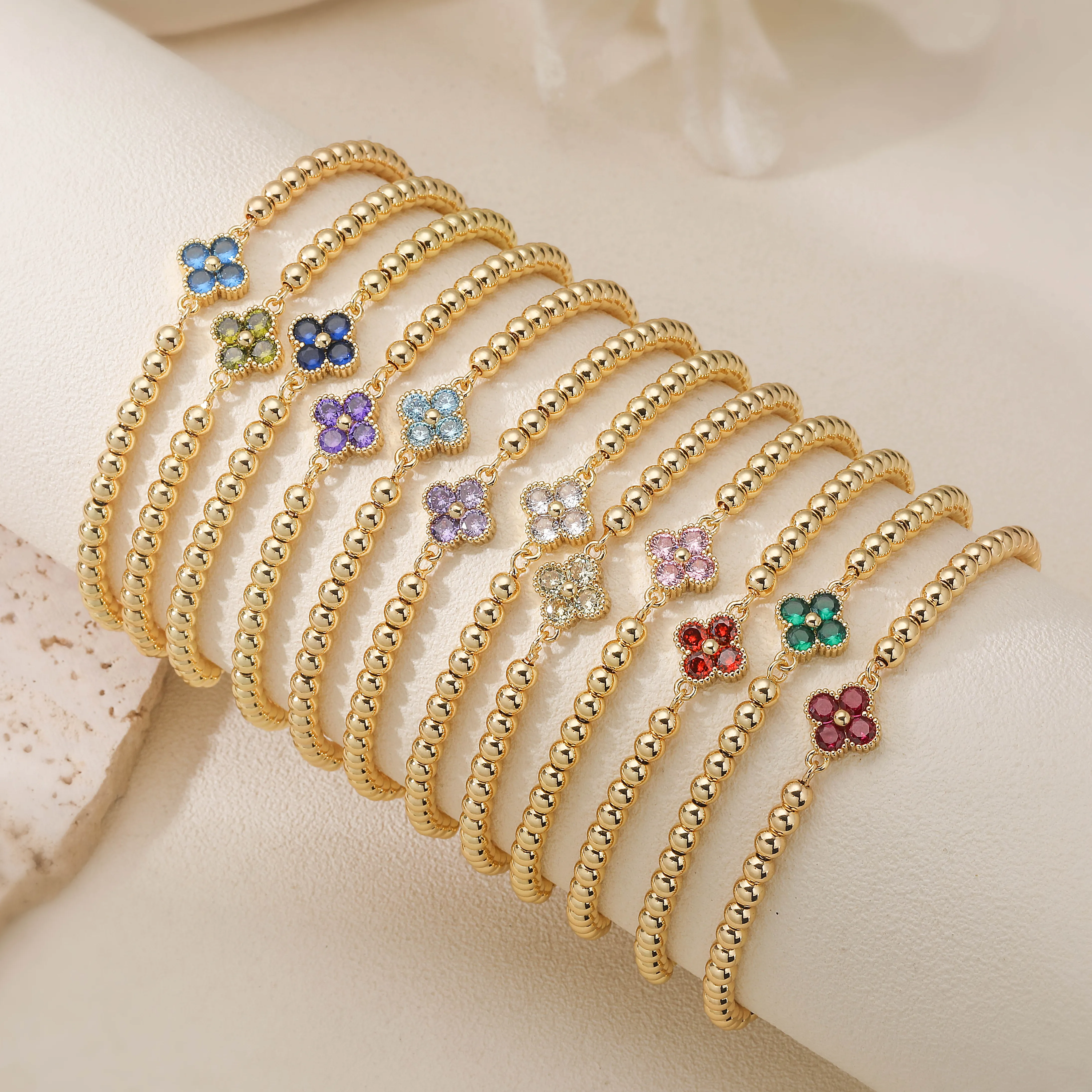 Authentic Hecheng, Birthday Symbolism Good Fortune Jewelry Birthstone Flower Bead Pull- Chain Bracelet Couple Accessory