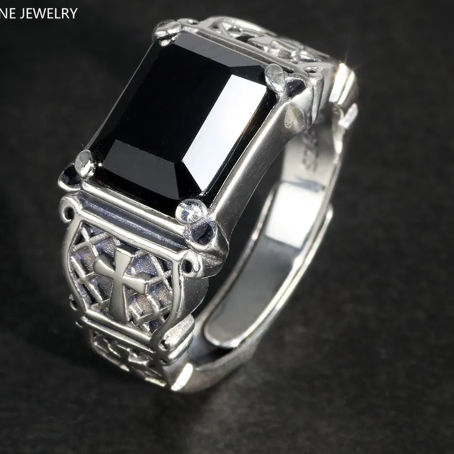 Authentic Vintage Punk Silver 925 Jewelry Signet Mens Rings Cross Engraving Natural Black Stone Onyx Rings Christian Jewelry Opening Type